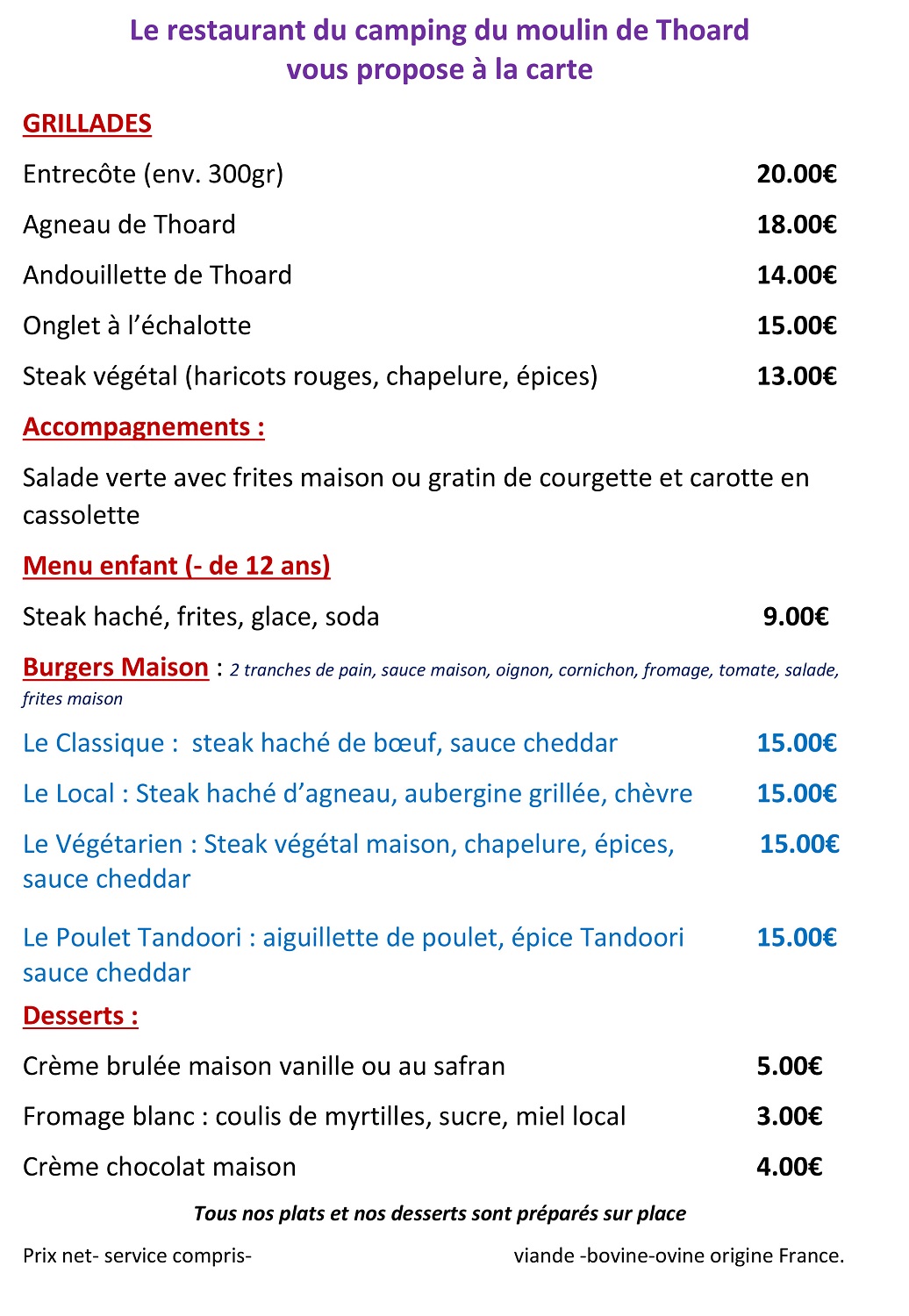 Carte du restaurant Moulin de thoard 2023